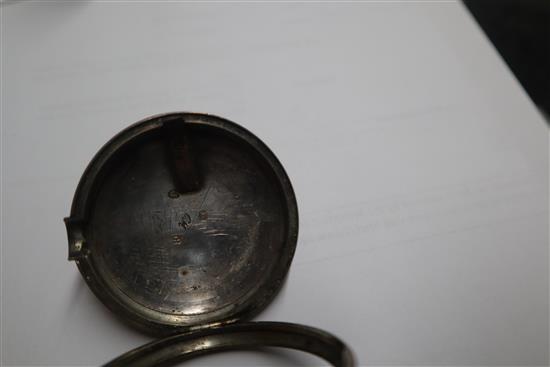 A George III silver pair-cased keywind verge pocket watch, James Davis, Leaminster, with enamelled Roman dial.